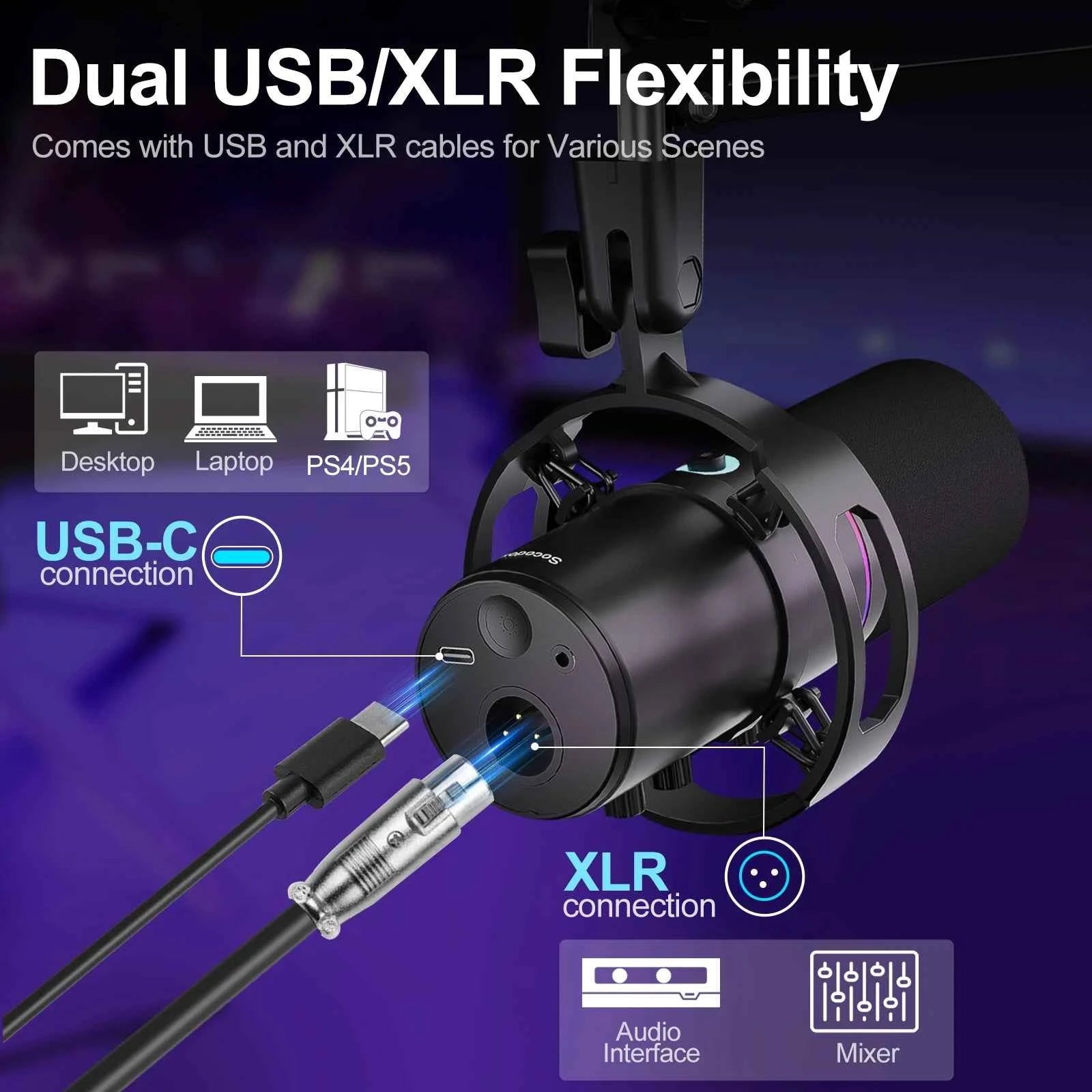 XLR/USB Dynamic Microphone Kit, PC Microphone for Streaming, Podcasting, Gaming, RGB, Mute and Noise Cancelling Function, Volume