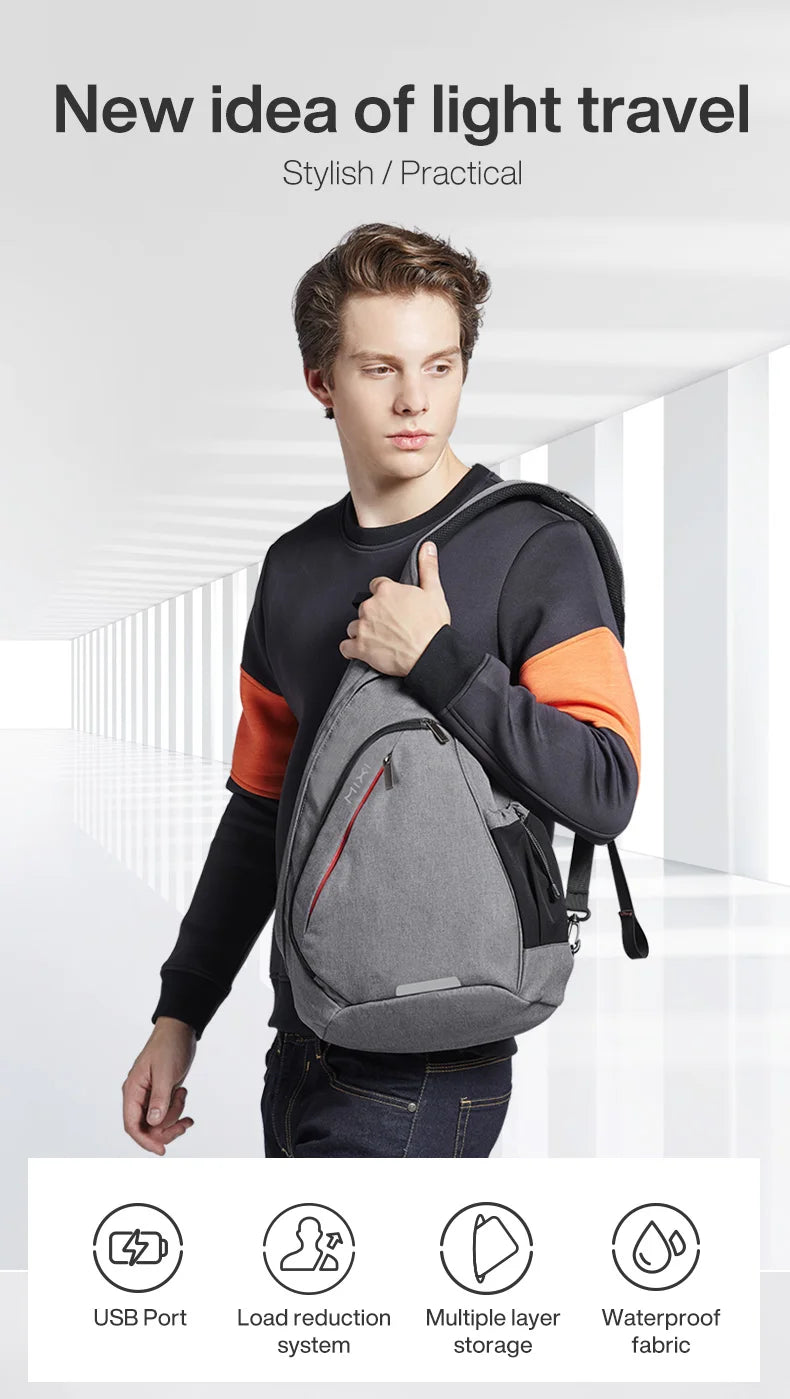 Mixi One Shoulder Backpack Crossbody Sling Bag – USB Charging Sports Travel Bag for Men & Women, Lightweight Cycling & School Backpack