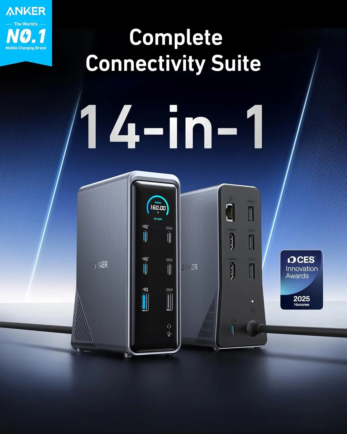 Anker A83B6 Prime Docking Station, 14-Port with 160W Max Output, 10Gbps Fast Data Transfer, Real-Time Smart Interface