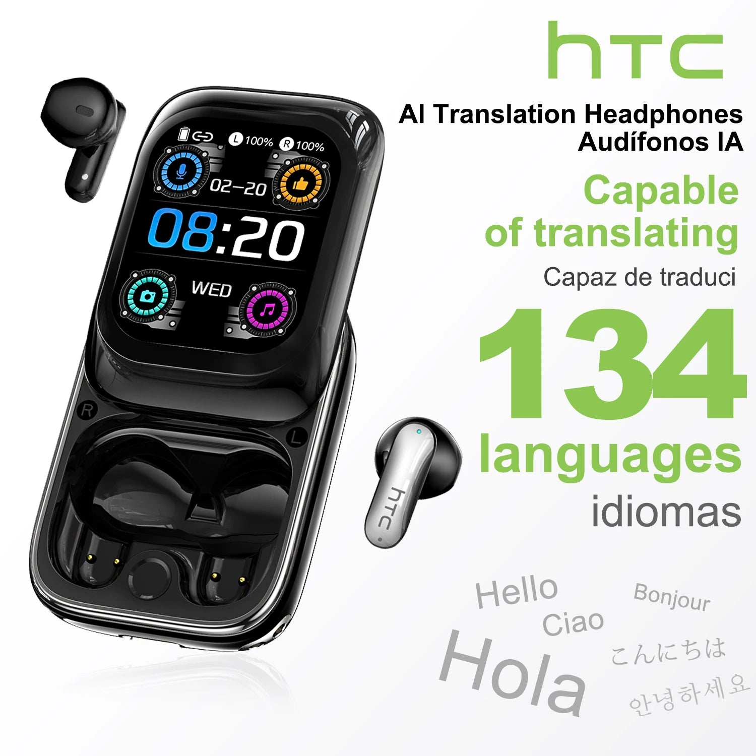 HTC NE48 Slider Headphones Wireless with a Colorful HD Display Touch Control In-Ear Bluetooth Earphones AI Translation Earbuds