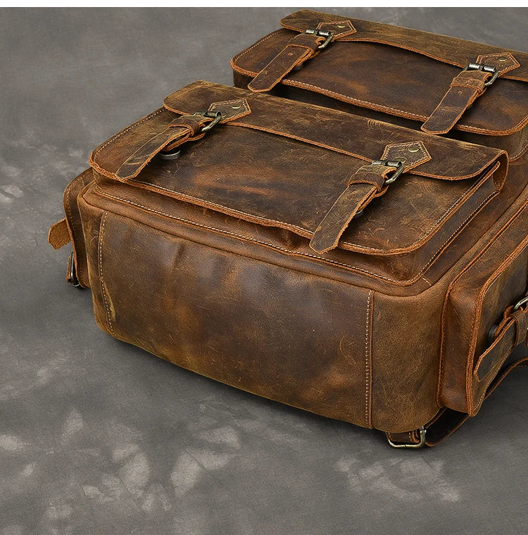 Vintage Crazy Horse Genuine Leather Backpack Men Bagpack Cowhide Hiking Backpack 17