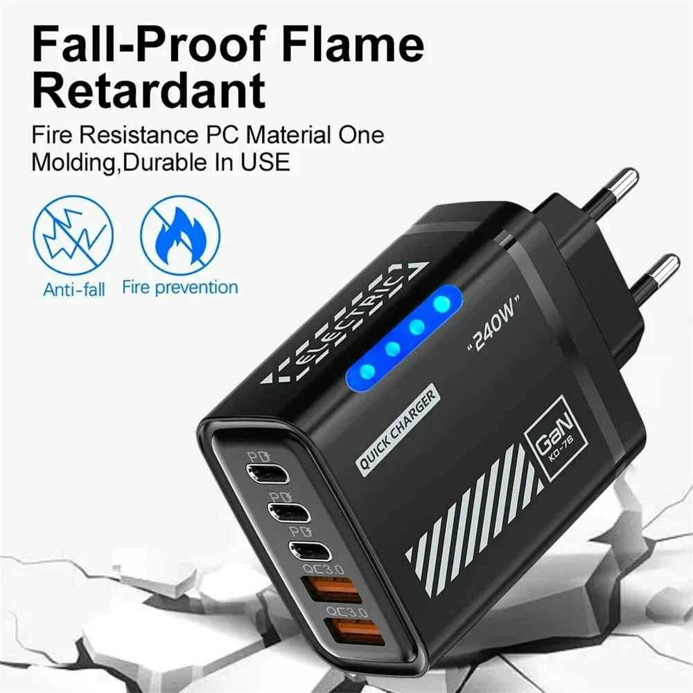 Desktop GaN Charger 240W 5-in-1 Fast Charging Charger 3PD 2USB for iPhone Samsung Xiaomi Tablet EU/US/UK Plug Wall Adapter
