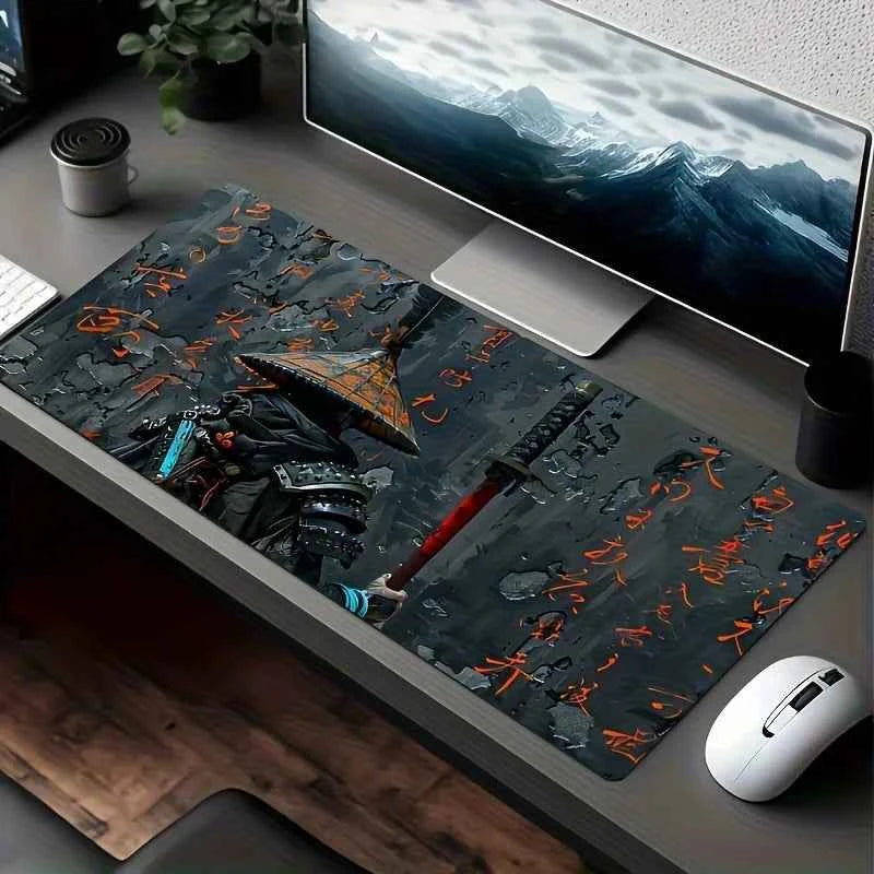 Japanese Samurai Art Mouse Pad, Traditional Calligraphy Pattern Non Slip Desk Mat Game Lovers Office Home Keyboard Desktop Decor