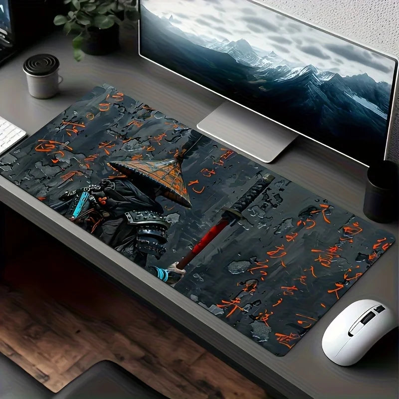 Japanese Samurai Art Mouse Pad, Traditional Calligraphy Pattern Non Slip Desk Mat Game Lovers Office Home Keyboard Desktop Decor