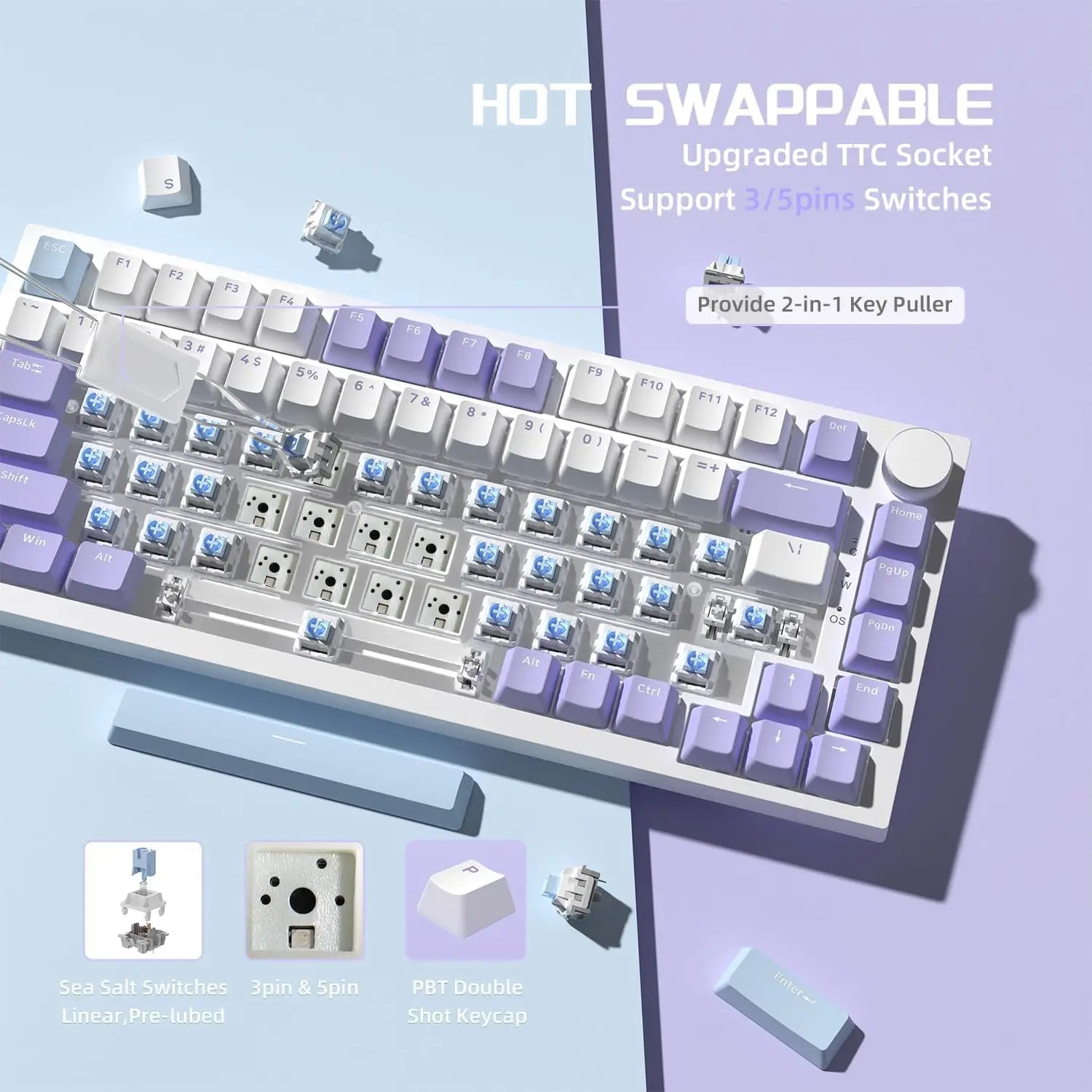 A.JAZZ AK820 Hot Swappable Mechanical Keyboard,75% TKL RGB Backlit Wired Gaming Keyboard with Knob Control,Poron Foam