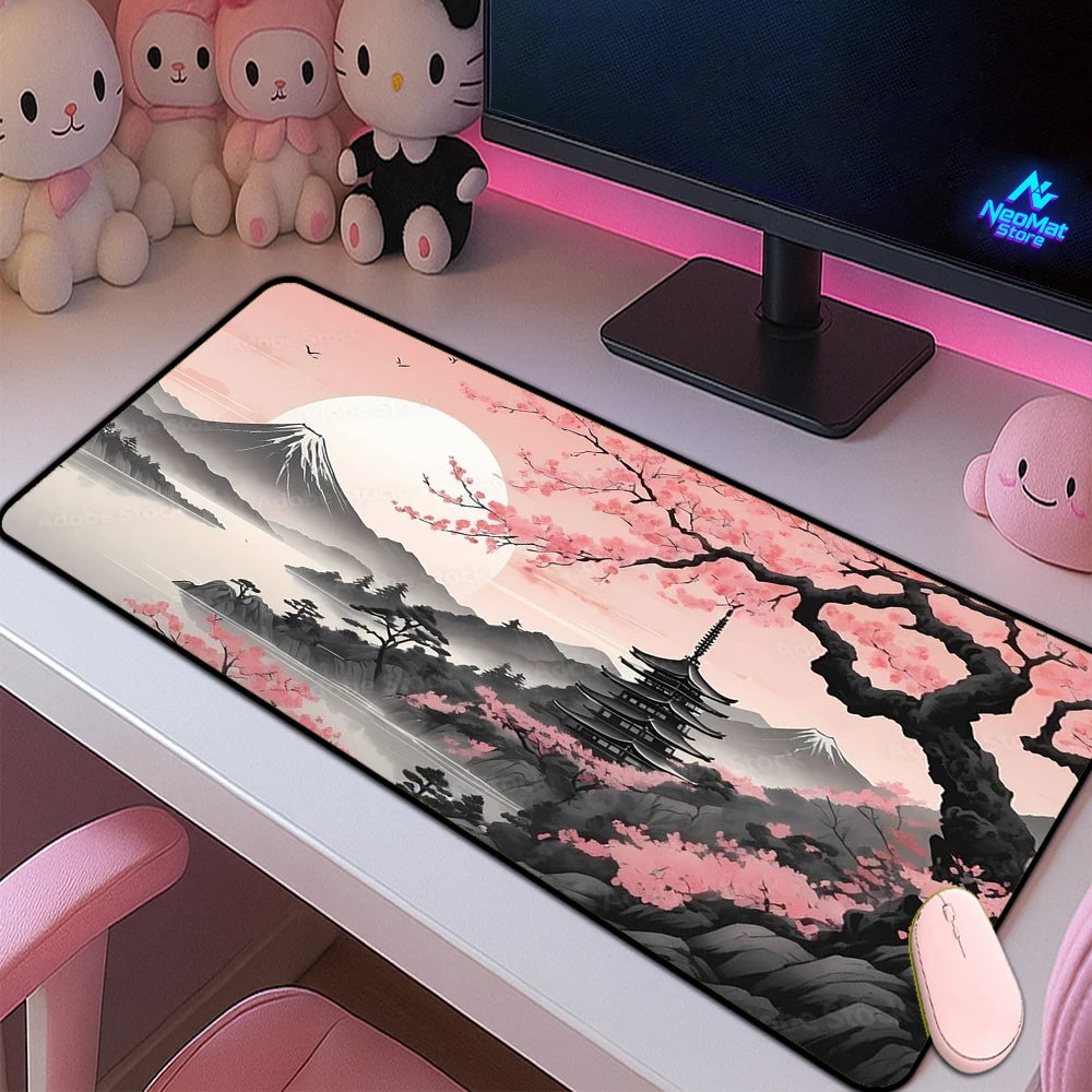 Japanese Sakura Mouse Pad XL Gaming Desk Mat Fuji Pagoda Mousepad Cherry Blossom Mountain Accessories 90x40 Mousepads