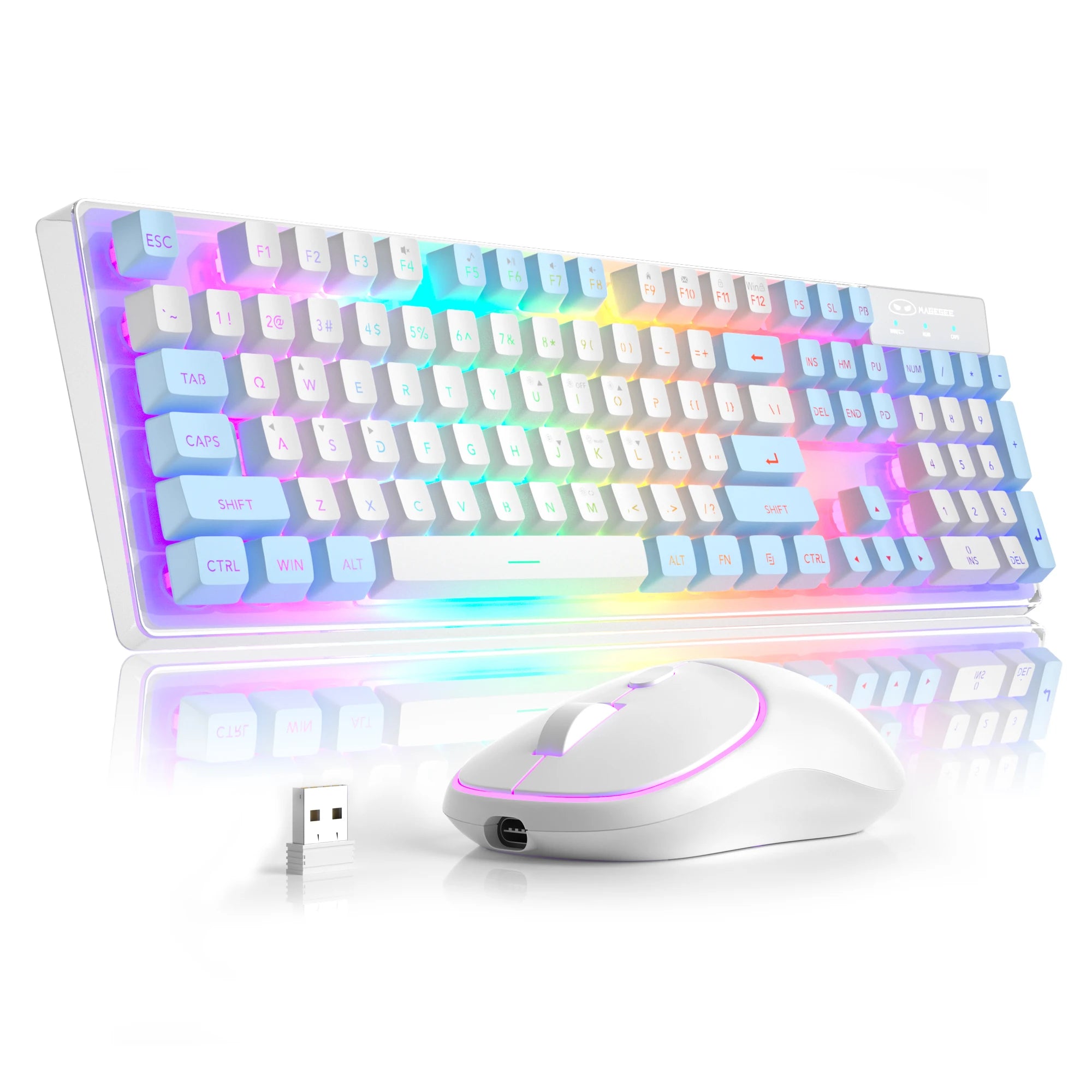 MageGee V550 Wireless Gaming Keyboard and Mouse, 2.4G Full-Sized RGB LED Computer Keyboards with Transparent Shell, Rechargeable
