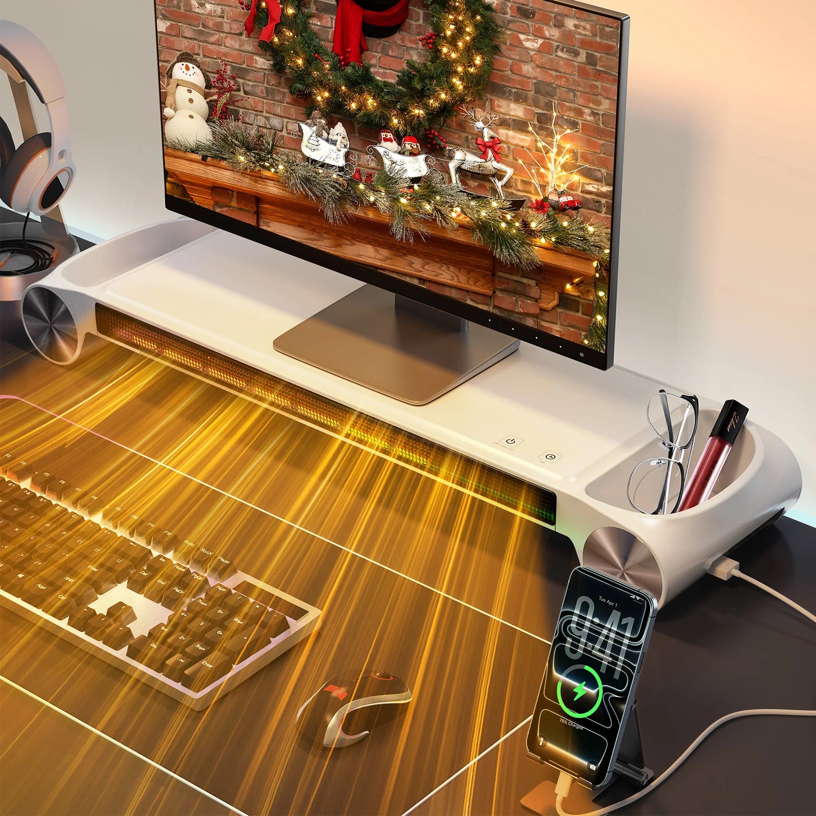 Eary 330W Desktop Space Heater & Monitor Stand for Home Office 2 Heating Setting Electric Heaters with USB Port US Standard Plug