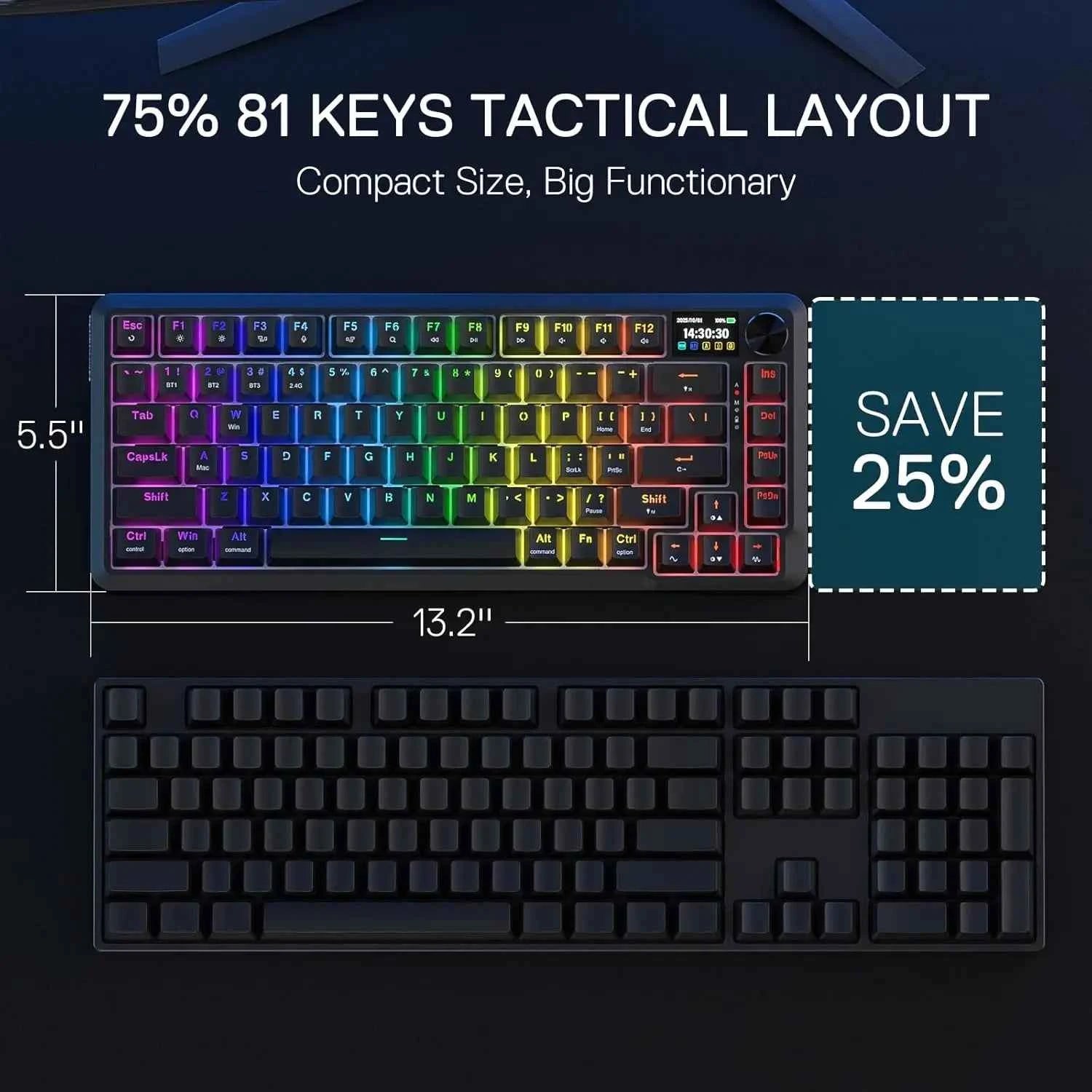 Redragon K724 PRO Wireless Gasket Gaming Hype Screen & Knob, 81-Key Mechanical Keyboard,Easy-Control 1.14’’ TFT Info Display