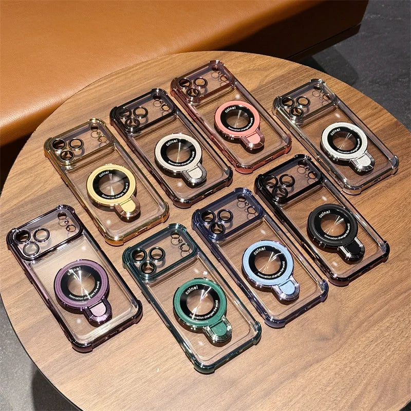 For Magsafe Wireless Charging Case For iPhone 17 Pro Max Air 14 15 Plus 13 12 16 Pro Transparent Plating Ring Holder Phone Cover