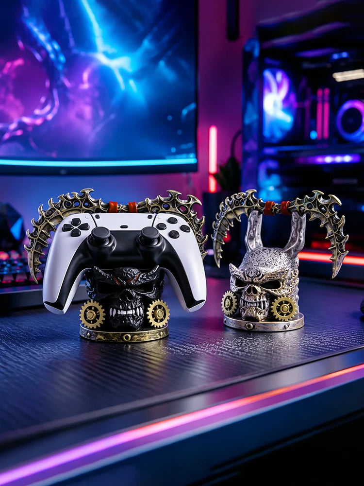 Gothic Skull Game Controller Stand Steampunk Resin Gamepad Holder Halloween Desktop Ornament Gaming Room Decor Gift for Gamers