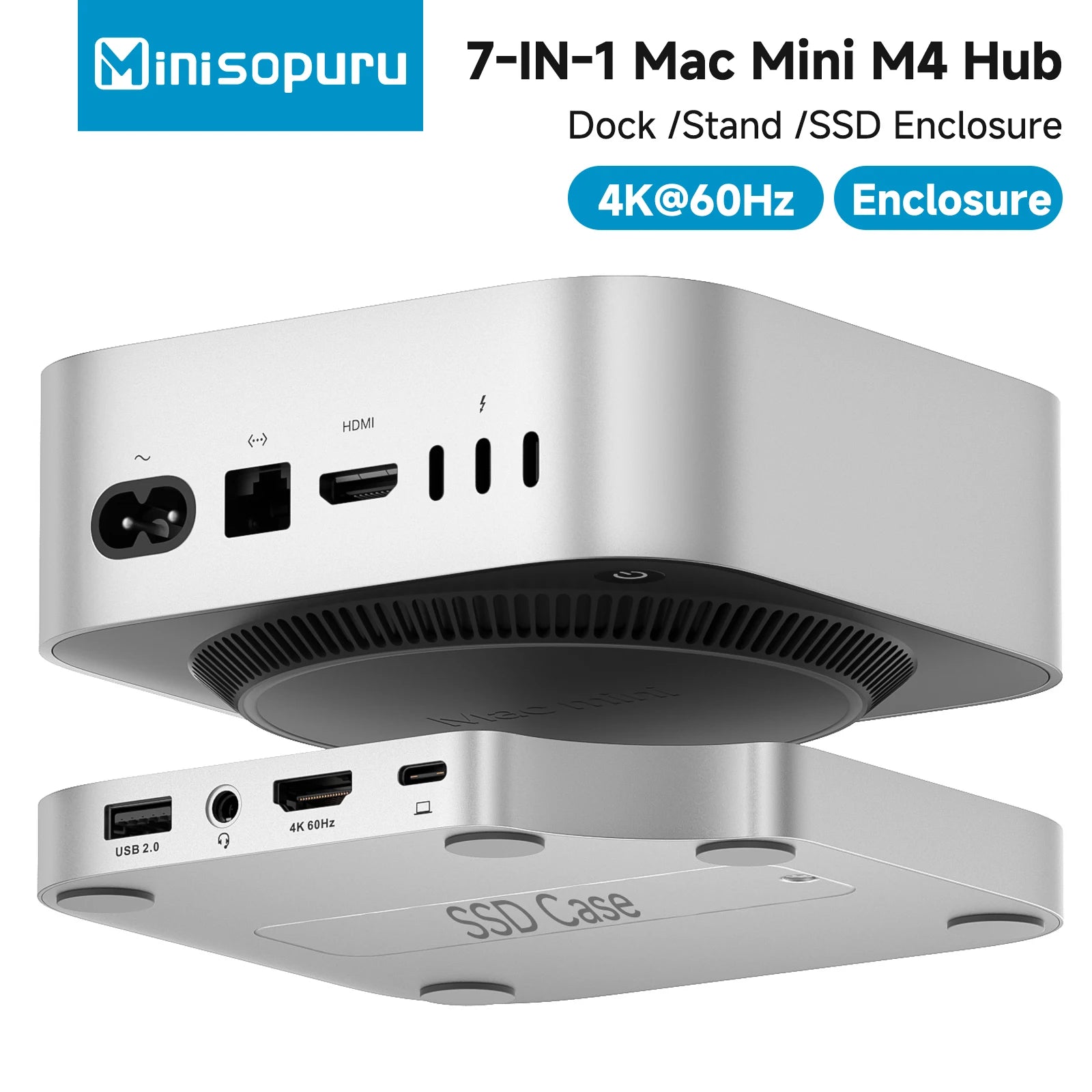 Minisopuru Mac Mini M4 Hub Dock Stand With M.2 SSD Enclosure 4K60Hz HDMI SD/TF USB C HUB Docking Station for Mac Mini M4/M4 Pro - WinSupport Tech