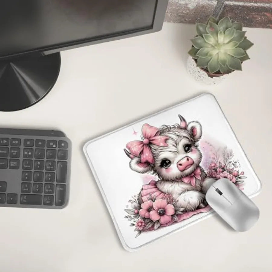 Pink Floral Highland Cow Mouse Pad, Coquette Pink Bow Highland Cow Heifer Mouse Pads Mousepad for Work Gaming Computers Laptop