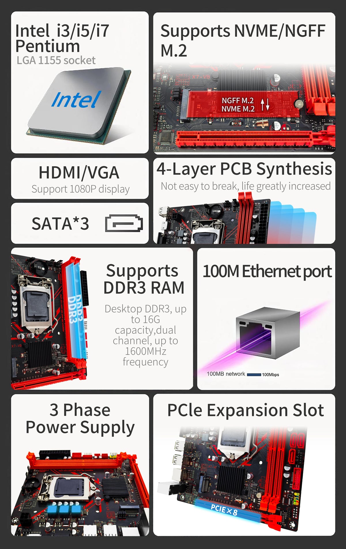 ZSUS H61 Motherboard LGA 1155 Desktop Motherboards Support DDR3 RAM With NVME M.2 Interface USB2.0 SATA2.0