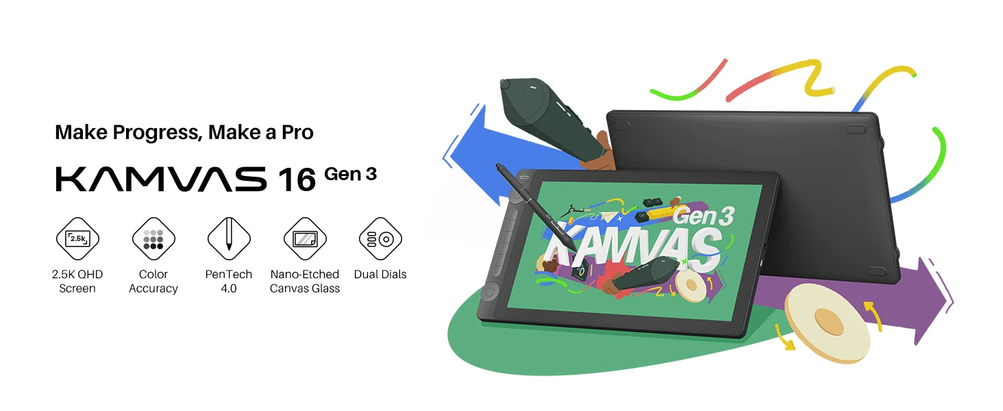 HUION Kamvas 16 (Gen 3) Drawing Tablet with Screen 15.8 Inch Canvas Glass Graphic Drawing Monitor 99%sRGB 16384 PenTech 4.0