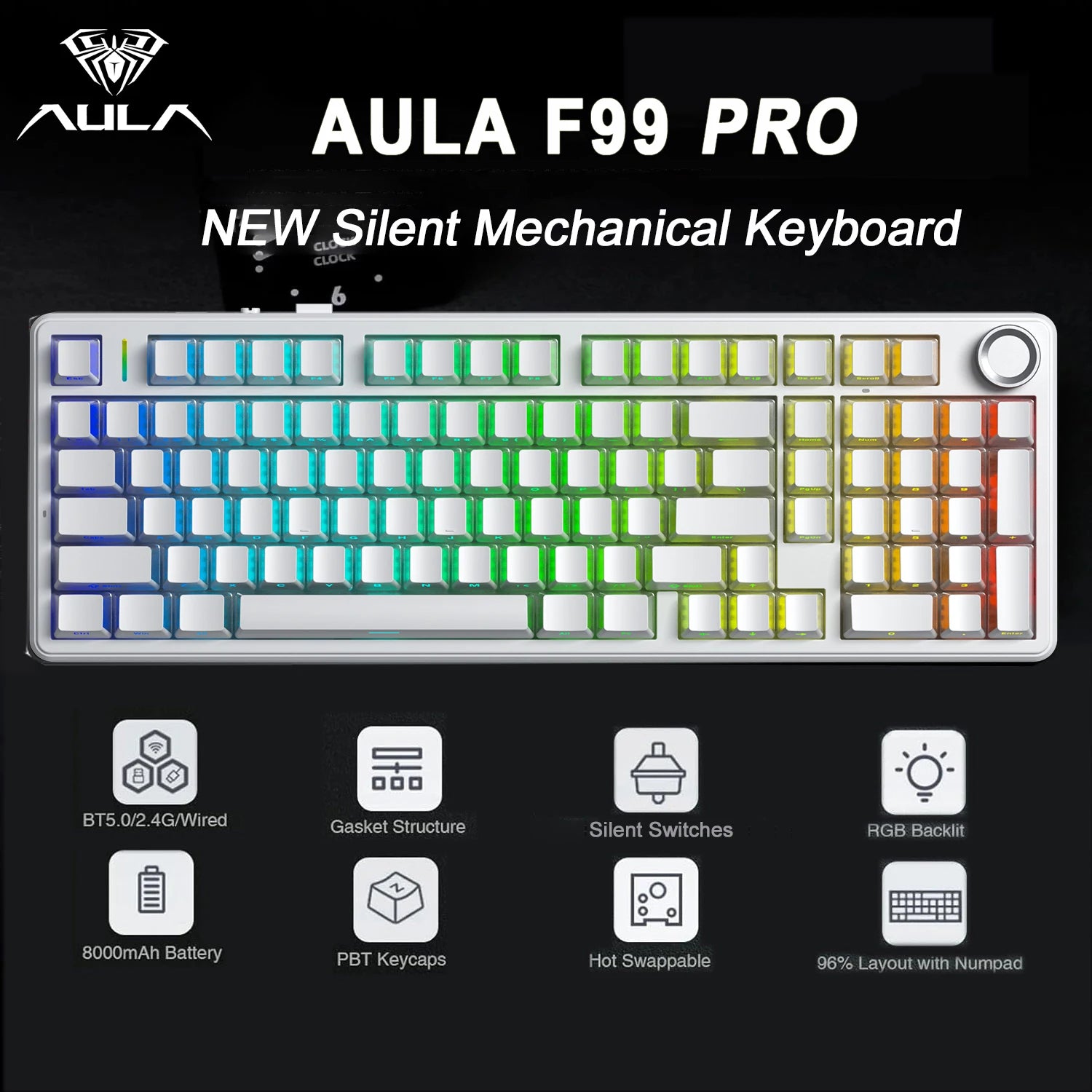 AULA F99 Pro Silent Mechanical Keyboard 2.4G Wireless PBT Keycap Hot-Swappable RGB Backlit Translucent Sided Engraved Keyboard