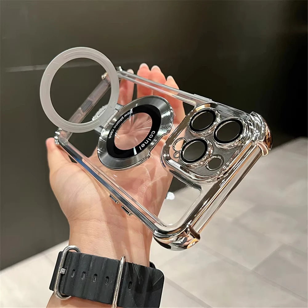 Luxury Plating Shockproof Magnetic Bracket For Magsafe Clear Case For iPhone 17 15 16 14 13 12 11Pro Max With Holder Stand Cover