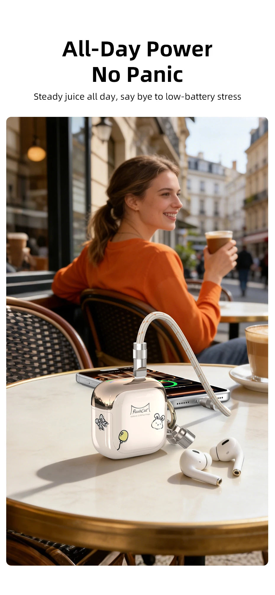 Vyvylabs CCC 10000mAh Mini Cute Power Bank 22.5W PD Fast Charging Switchable Lightning Type-C Cable for iPhone Samsung AirPods