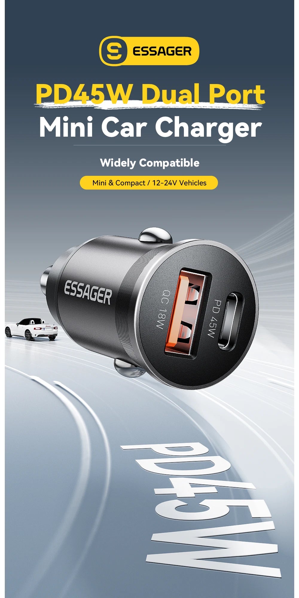 Essager 45W Car Charger Fast Charging Dual Port  PD QC3.0 Type-C Quick Charger for iPhone 16 15 14 Samsung Xiaomi Huawei Oppo