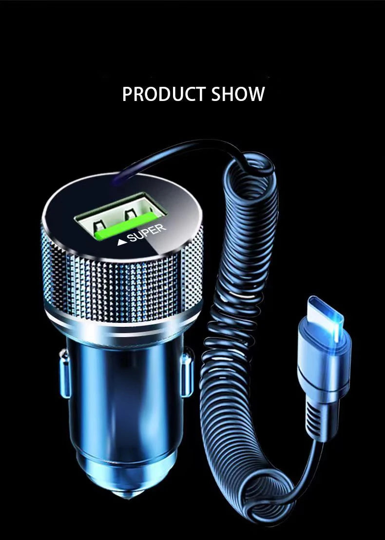 EDEBA Metal USB Car Charger with Type C Cable 12V Super Fast Charging Vehicle Adapter 2 in 1 for iPhone Samsung Huawei VIVO OPPO