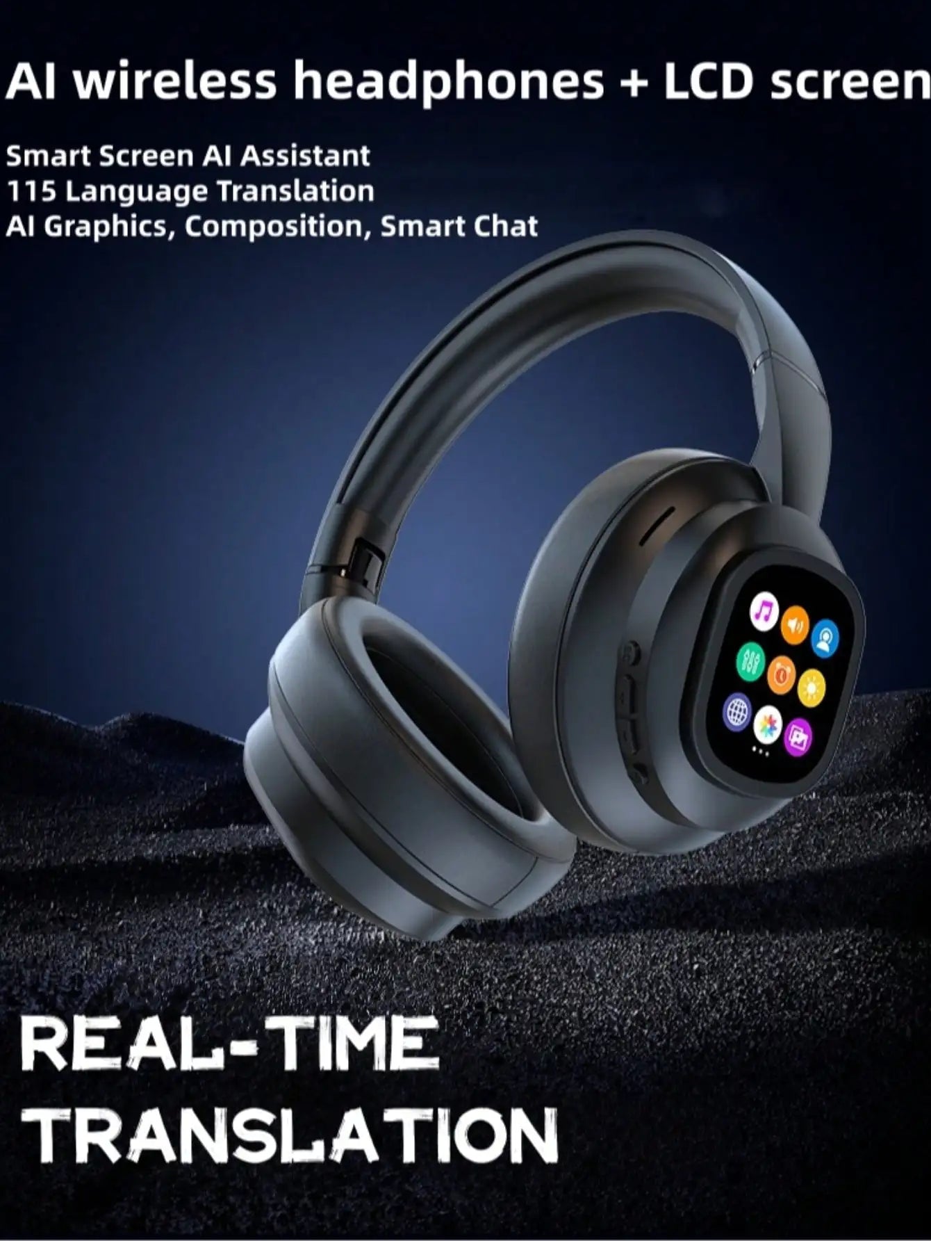 AI Translation Wireless Headphones, Magnetic LCD Touch Screen, Foldable Retractable Design, Real-time 115 Languages Translation, BT6.0, Multi-functions for Photo, Flashlight, Alarm & Voice Recording, AUX Wired Supported