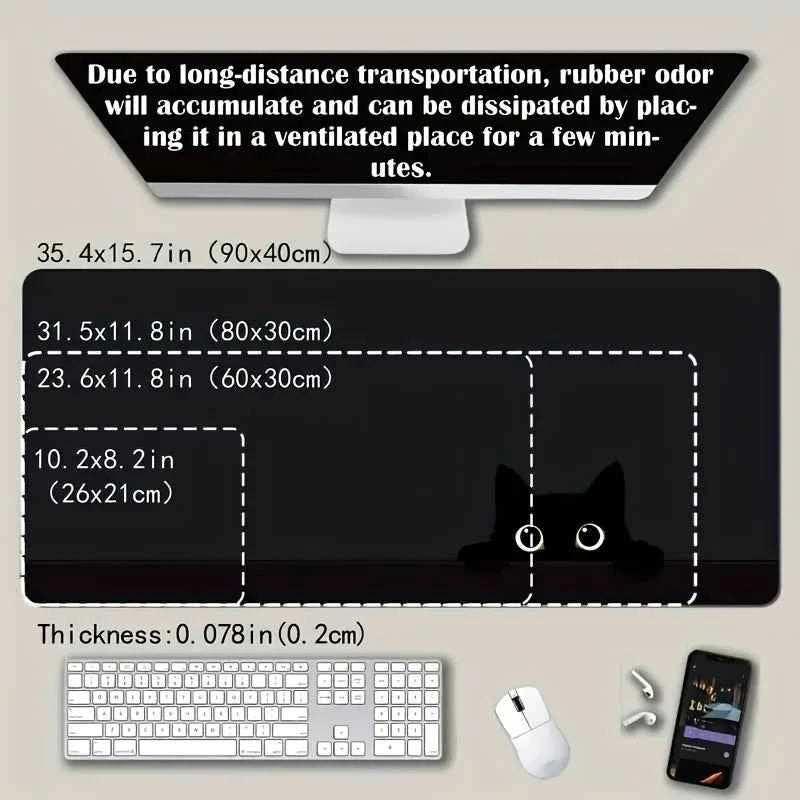 Large Black Cute Cat Mouse Pad Gaming Non-slip Rubber Base Precise Seam Design Washable Durable PC Desk Mat for Games and Office