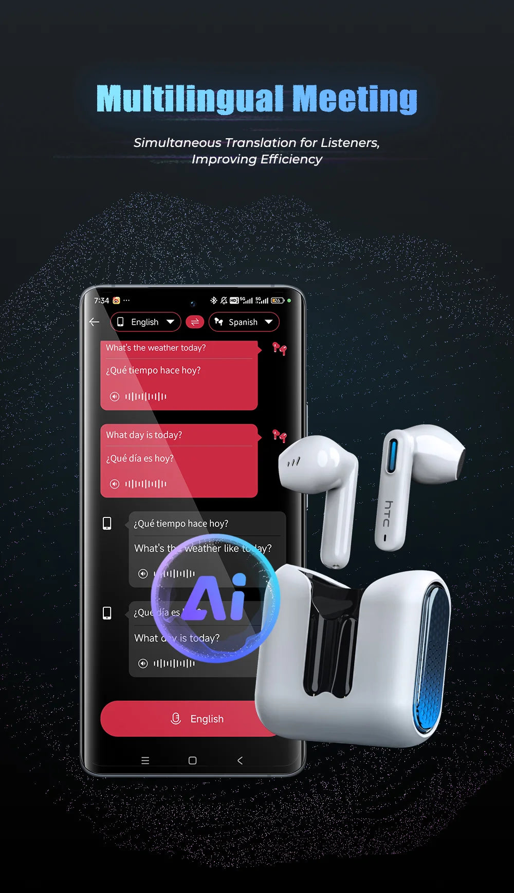 HTC NE49 TWS Wireless Earbuds Bluetooth AI Translator ENC Noise Cancelling 40H Battery Touch Control Stereo Sports Headphones