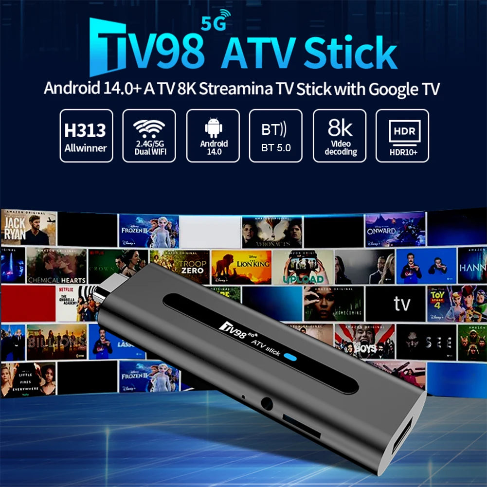 TV98 ATV H313 Android TV Stick 14.0 8K 2.4G 5G WiFi Quad Core BT5.0 Set Top Box Smart TV Box for Network Media Player