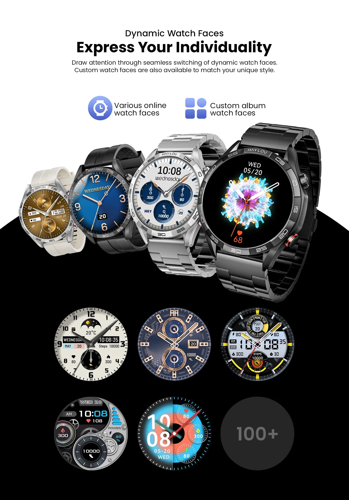 HAYLOU Solar 5 Smartwatch 1.58'' AMOLED Display 60Hz Refresh Rate 24H Health Monitoring Voice Calling 100+ Sports Modes Black/Silver