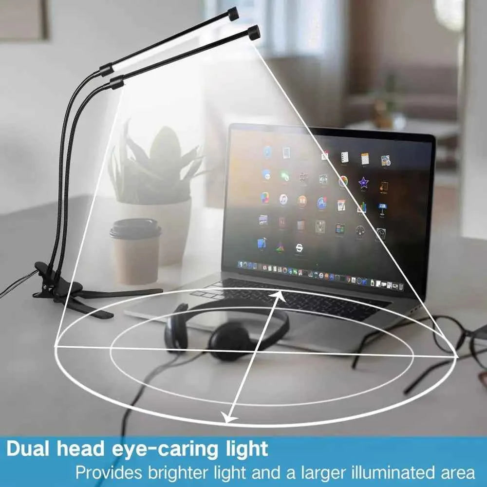 LED Desk Lamp Double/Single Head Reading Table Lamp With Clip Dimmable Brightness For Home Study Office Lighting PC Eye Protect