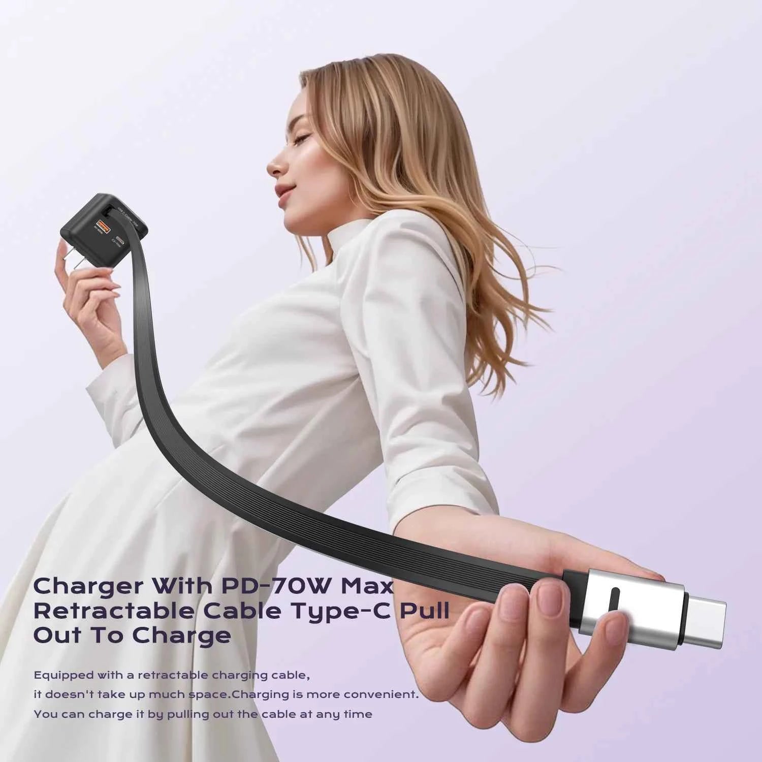 ASOMETECH 70W GaN Charger With Retractable Type C Cable 45W PD QC PPS Travel Charger for iPhone 16 Laptop Macbook Tablet Samsung