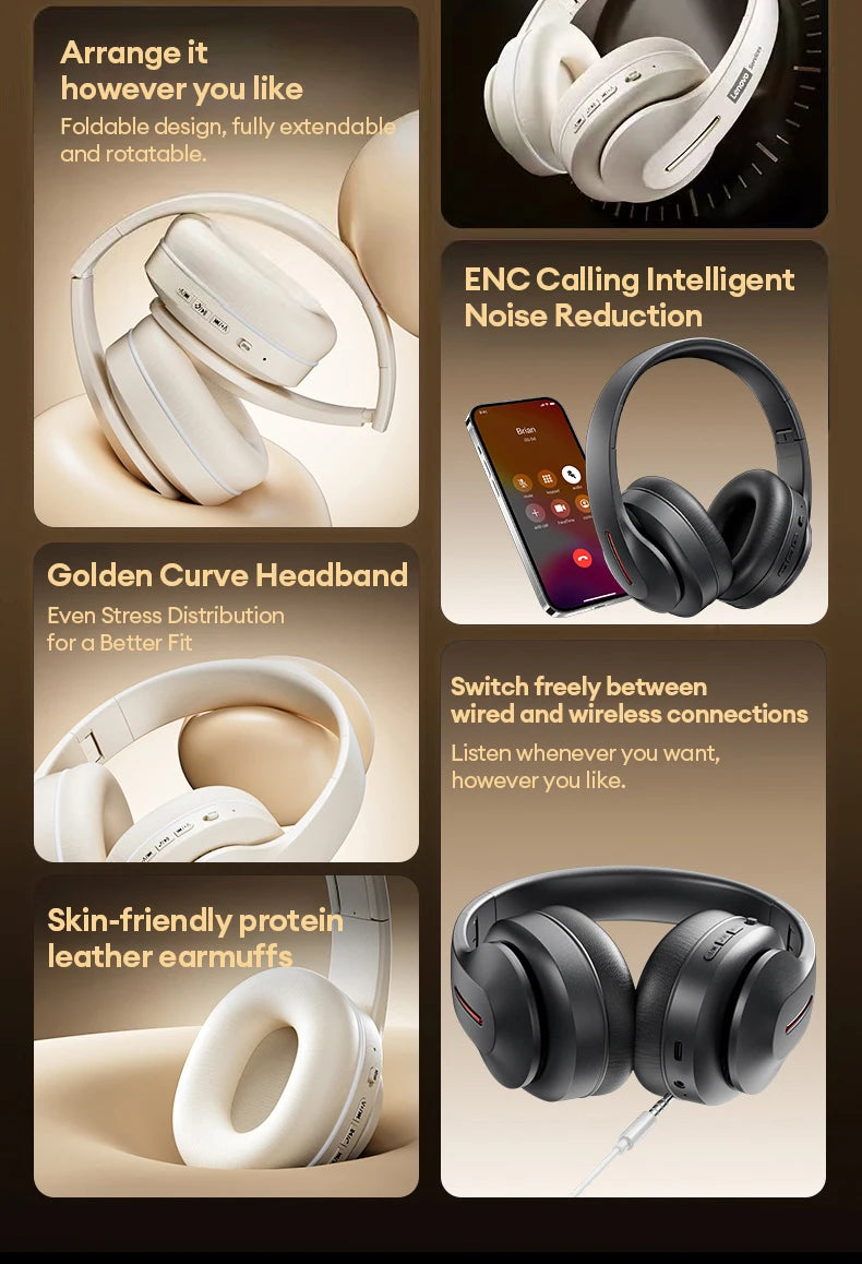 Lenovo Bluetooth 6.0 Over-Ear Headsets Low Latency Music Wired/Wireless Headphones Noise Reduction Stereo Sound LES-107 Earbuds