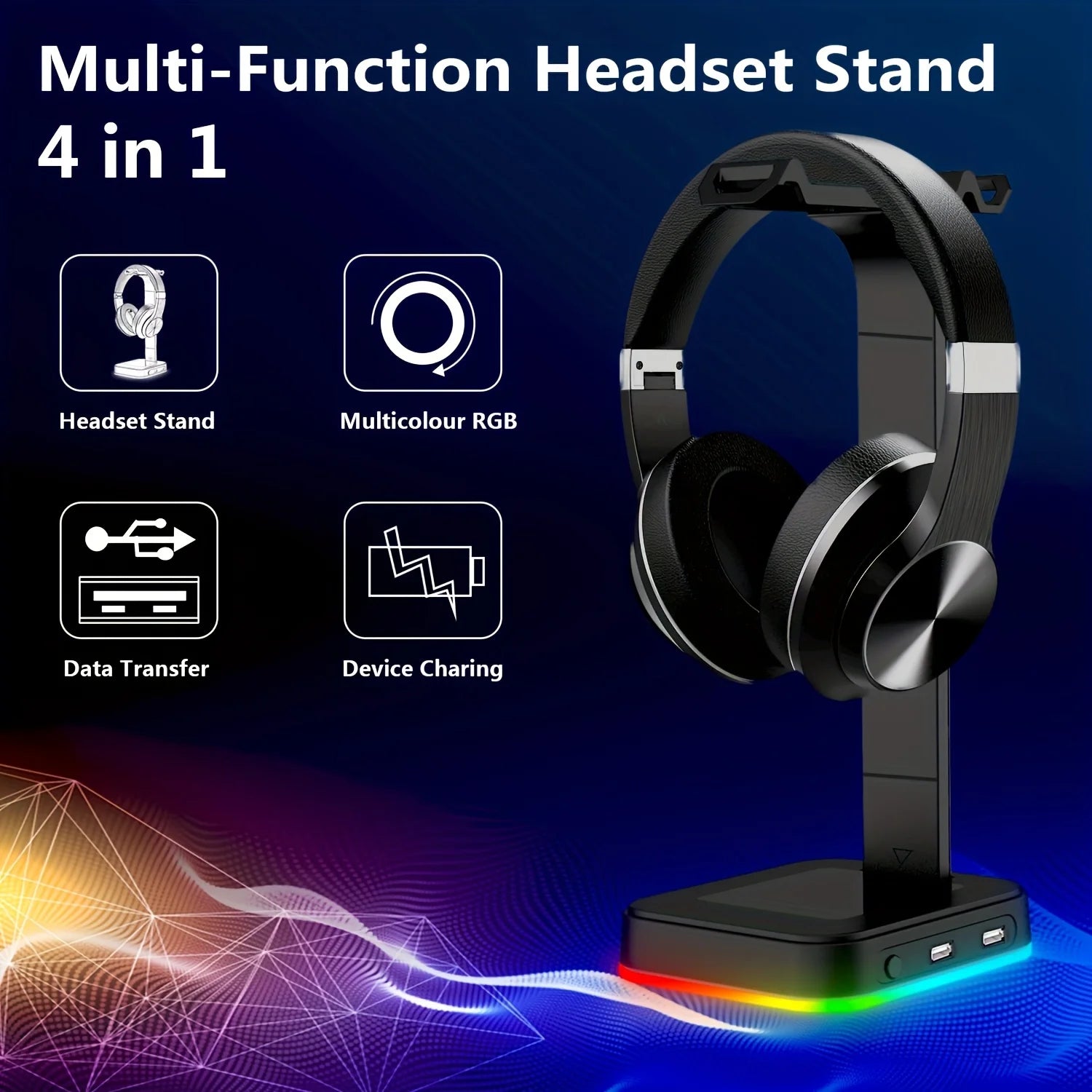 Adjustable Speed RGB Color-Changing LED Gaming Headset Stand with Dual USB Ports for Keyboard Mouse Headphones Phone Charging