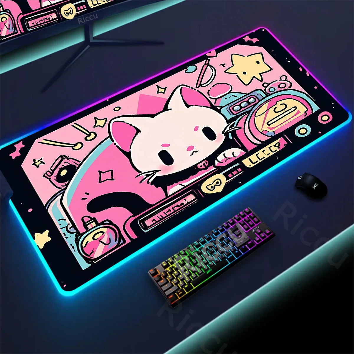 RGB Mousepad Pink Cloud Cat Cartoon Deskmat LED Backlight Gaming Keyboard Rug Computer Office Accessories Kawaii Anime Mouse Pad - WinSupport Tech