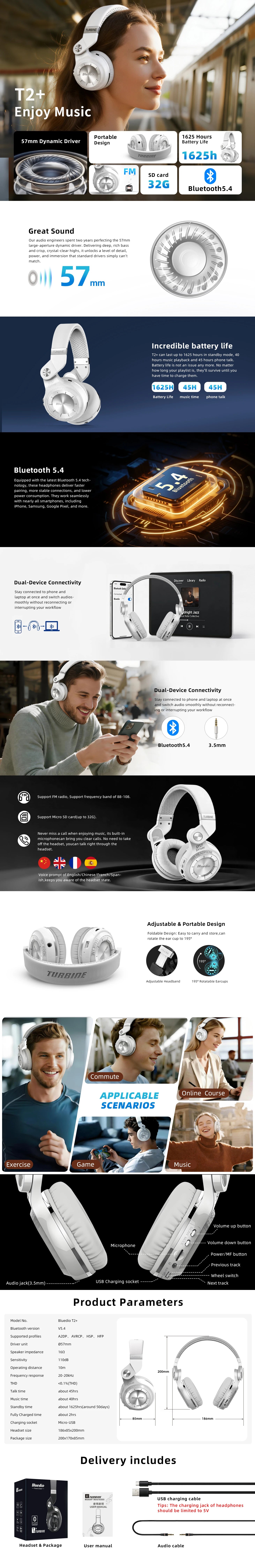 Bluedio T2 Plus Wired & Wireless Headset Foldable Headphones With FM Radio 32G TF Card Support 3.5mm Jack for Travel Work Music