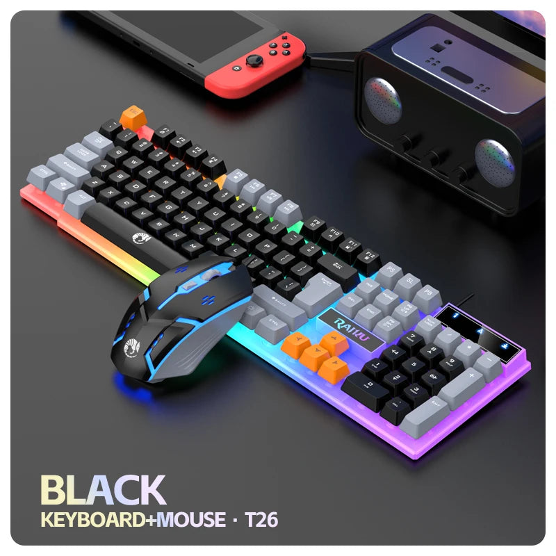 • Keyboard and Mouse with Colorful Light: The Raiku T26 keyboard and mouse set comes with a variety of colorful lights, providin