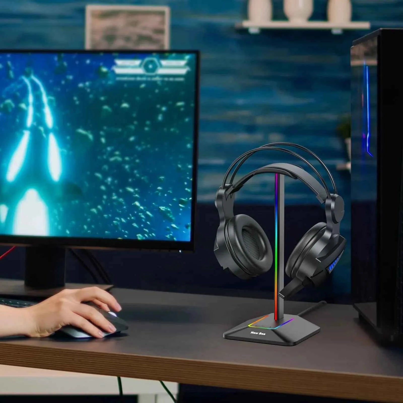 New Bee Z8 RGB Headphones Stand Holder – Desk Gaming Headset Organizer with USB Ports
