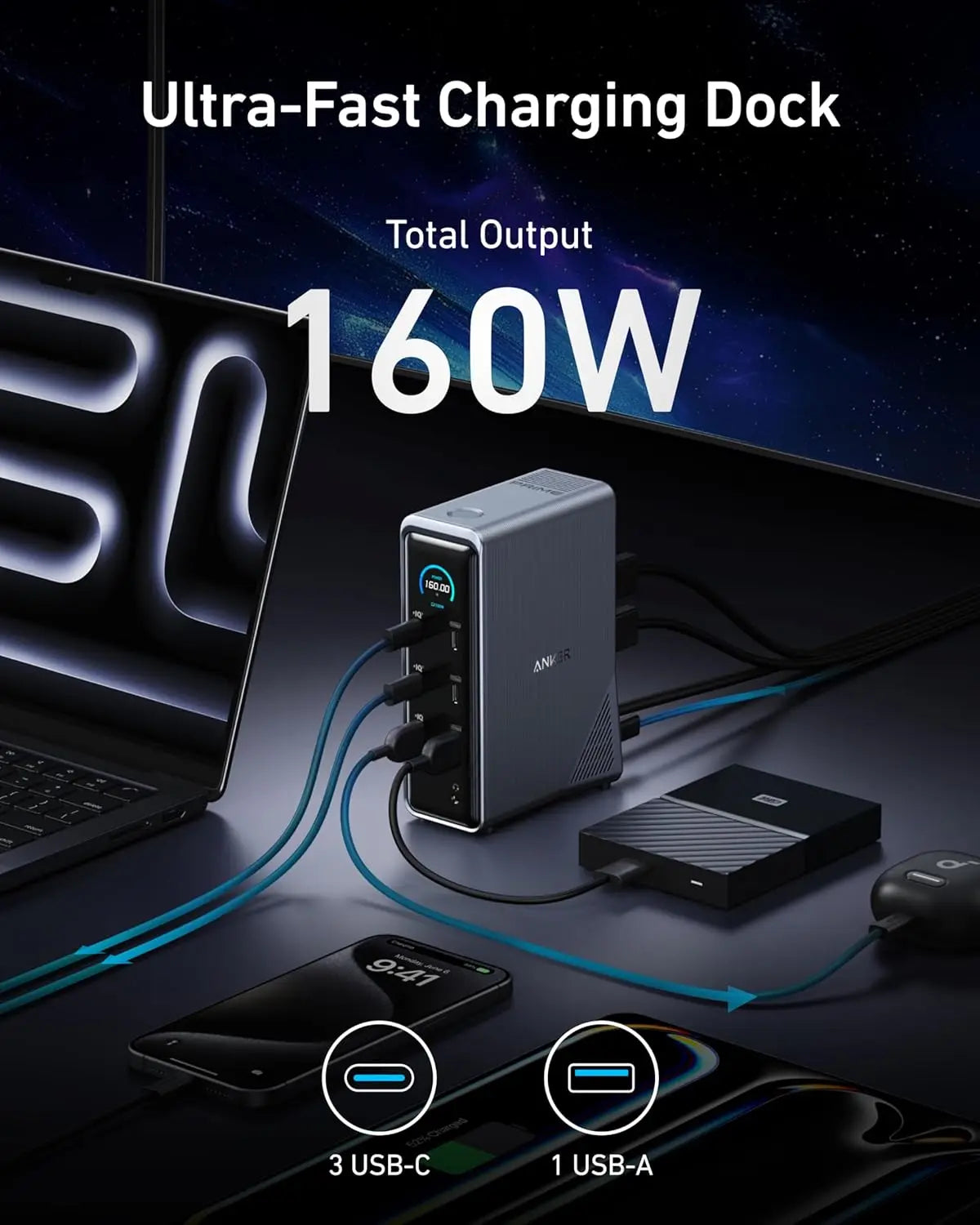 Anker A83B6 Prime Docking Station, 14-Port with 160W Max Output, 10Gbps Fast Data Transfer, Real-Time Smart Interface