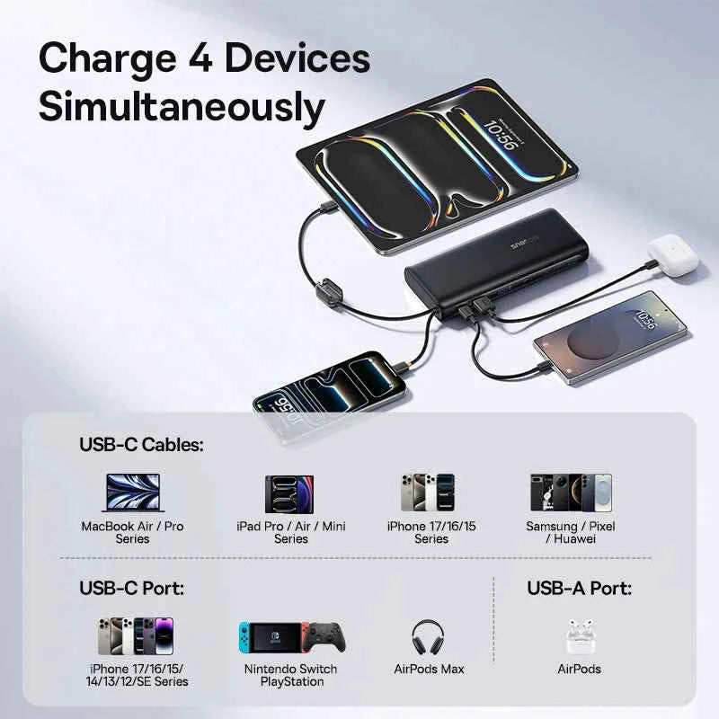 Baseus 145W Power Bank 25000mAh Fast Charging Built-In Type-C Cable Portable Battery Charger for iPhone Samsung MacBook Tablet
