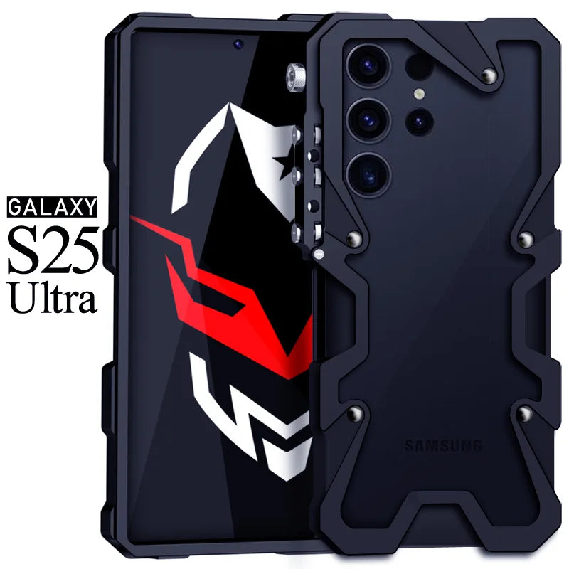 Luxury Armor Metal Aluminum Phone Bumper For Samsung Galaxy S26 S25 S24 Ultra + FE Cover Mechanical Purely Handmade Skull Case