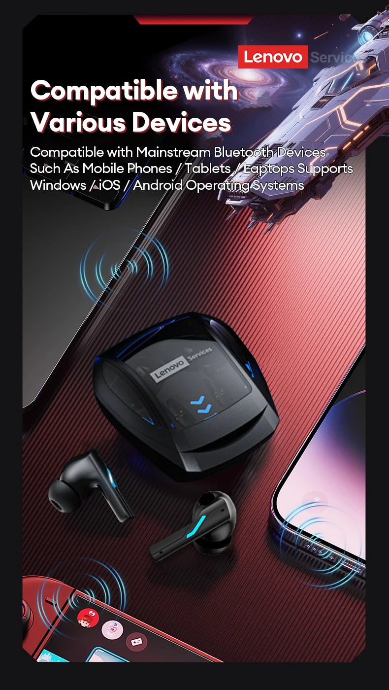 Lenovo Gaming Headset Bluetooth 6.0 Wireless Earphones Low Latency Noise Reduction Esports Headphone Waterproof 24H Battery Life