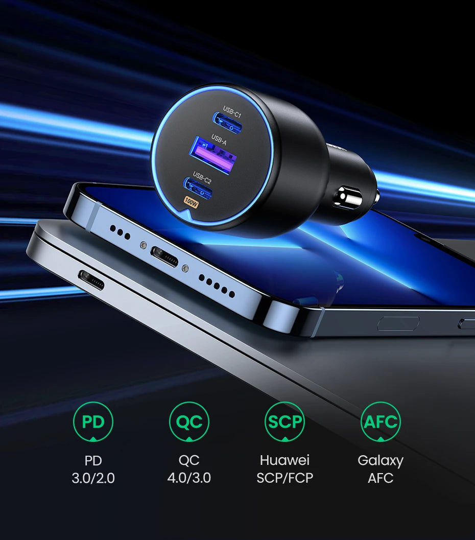 UGREEN 130W USB C Fast Car Charger For Xiaomi iPhone 17 Samsung Galaxy S25 Laptops PD3.0 Fast Charging USB Type C Car Charger
