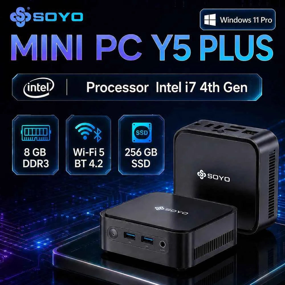 SOYO Mini PC Y5 PLUS Intel I7 4th Gen 8GB RAM 128GB Y5 Air I5 4th GenWindows 11 Pro WiFi BT4.2 Office Desktop Computer HDMI*2 RJ45*1 USB3.0*4 3.3GHZ 4K 60fps Graphics