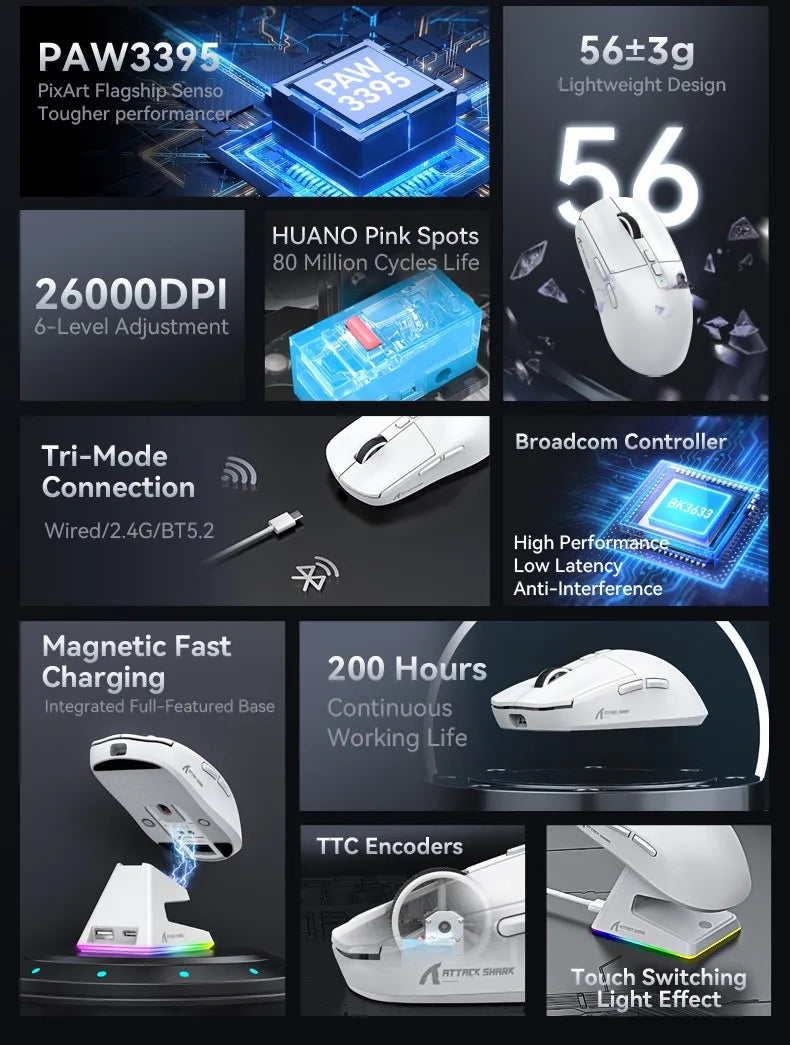 ATTACK SHARK X6 Wireless Macro Gaming Mouse PAW3395 26000 DPI Tri-Mode Wired/2.4G/BT5.2 Connection Magnetic Charging Base Mouse