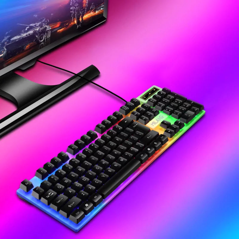 Full Sized Wired Gaming Keyboard and Wired Mouse Combination, with Rainbow LED, Wired USB Connection, Silent Keyboard, Ergonomic Wrist Support, Highly Sensitive Mouse, Suitable for Gamers, Students, and Office Professionals,