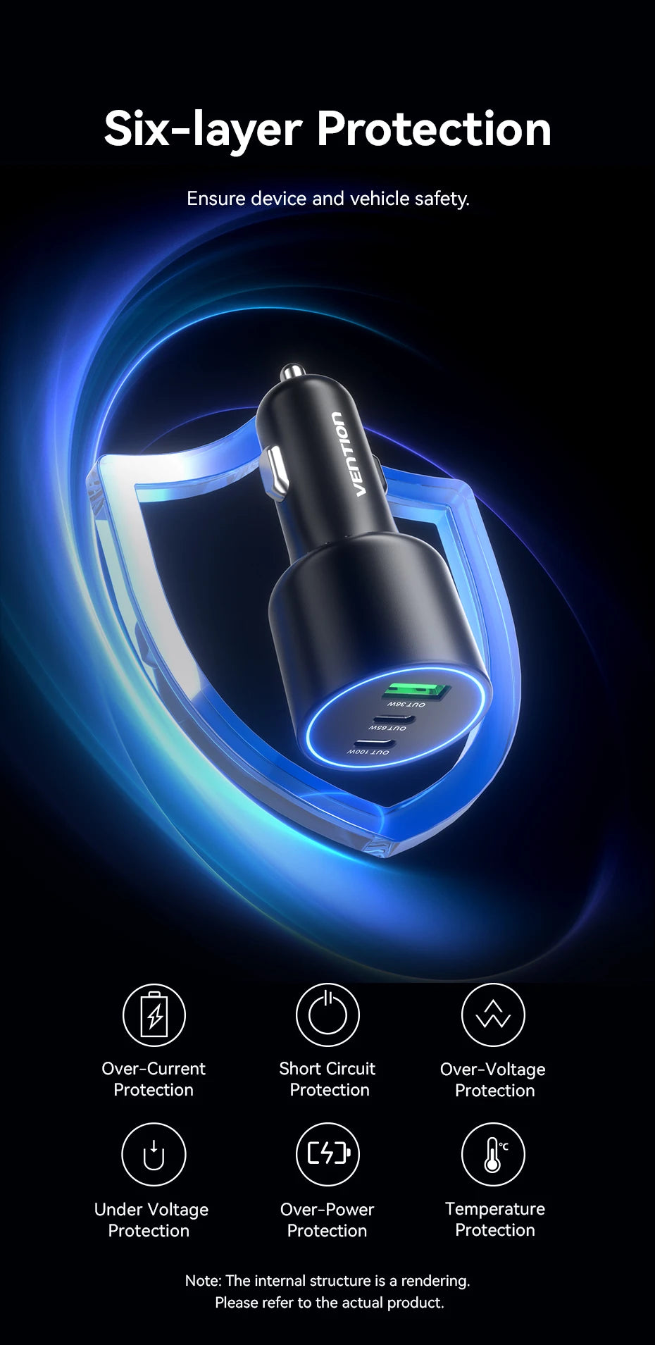 Vention 165W USB C Car Charger 3-Ports PD QC 4.0 45W For Samsung S25 iPhone 17 16 Macbook 100W Fast Charging Adapter With LED