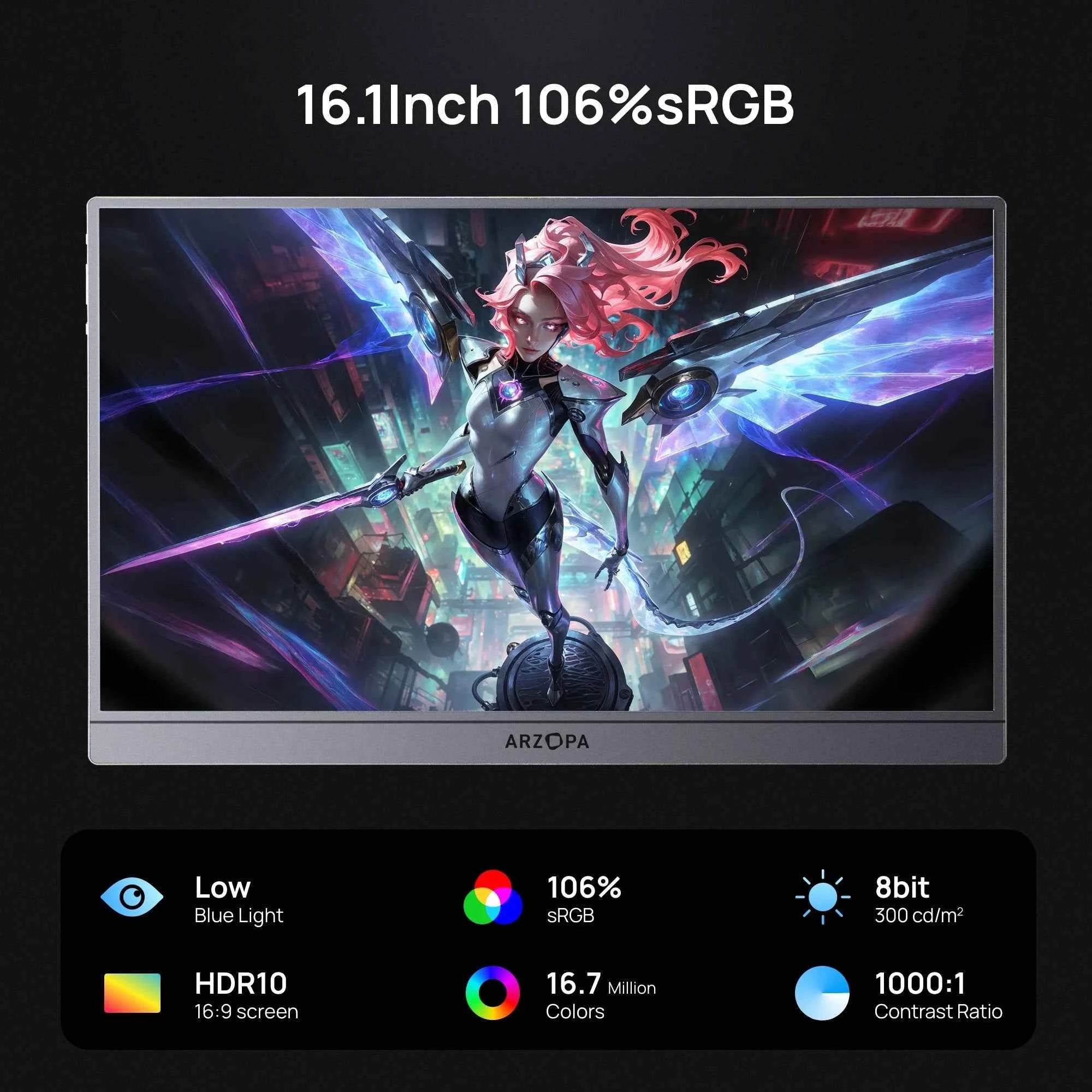 【Monitor+Bag】ARZOPA 16.1 inches Grey Portable Monitor,144 hz,100%s RGB,1080P FHD External Second Screen IPS Screen,Z1FC Grey