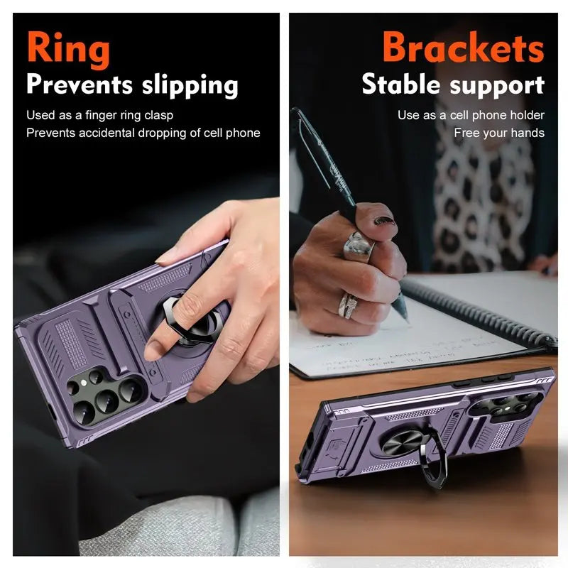 Card slot phone case for Samsung S25 Ultra Edge S23 S24 Plus FE A56 A55,with magnetic rotating ring holder, thickened shockproof