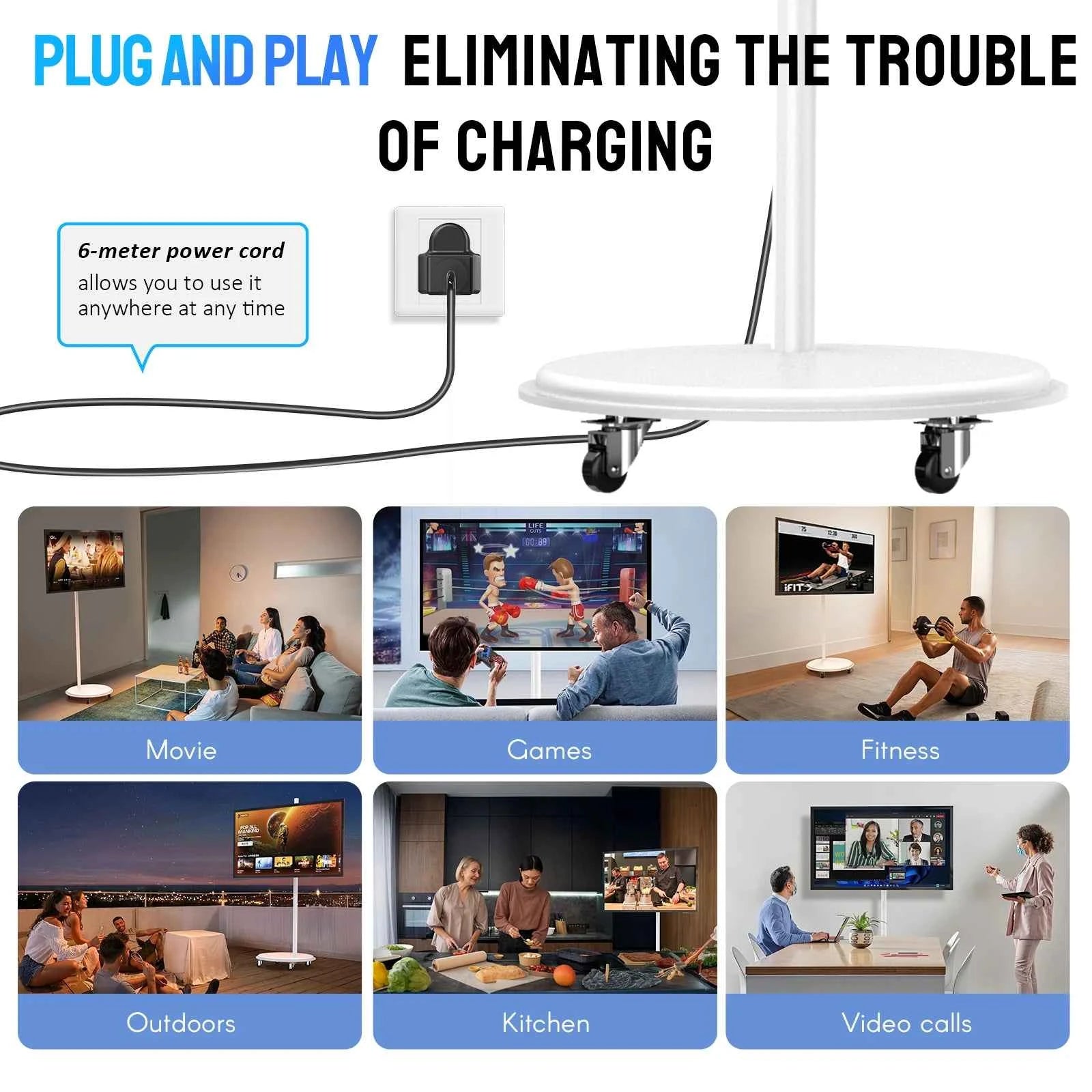 MWE 32 inch portable smart monitor on wheels, 2K smart touch screen with Android OS, 8H video playback time