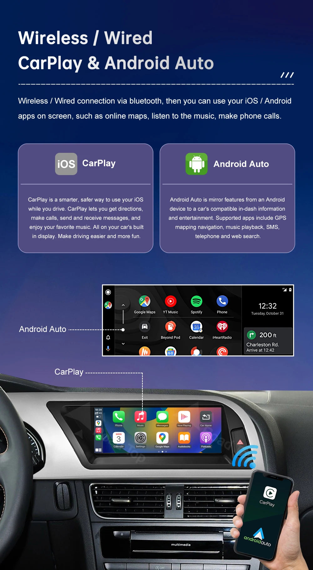Road Top Radio Multimedia Linux Touch Screen For Audi A5 2008-2016 Wireless CarPlay Android Auto Airplay Car Player Function
